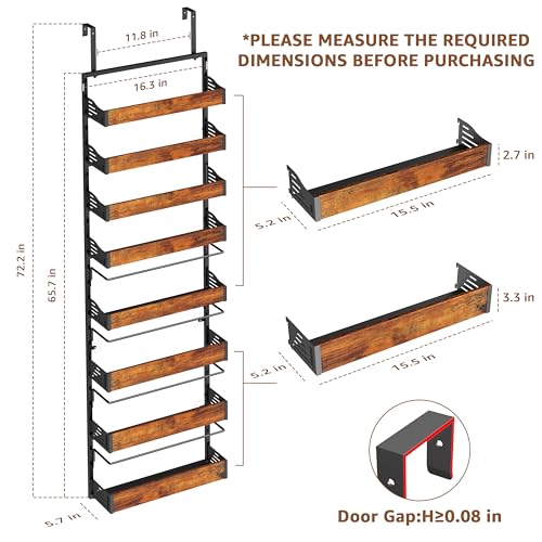 Over The Door Pantry Organizer, 8 Tier Spice Rack with Adjustable Wooden Basket, 2 IN 1 Wall Mount or Hanging Seasoning Organizer, Heavy-Duty Pantry Door Storage Shelf for Kitchen, Laundry Room