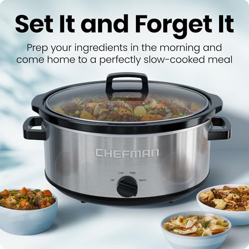 Chefman Slow Cooker 7 Quart, Large Family Size Slow Cooker with Low, High & Warm Settings, Removable Ceramic Crock, Tempered Glass Lid, Dishwasher-Safe for Easy Cleanup, Stainless Steel