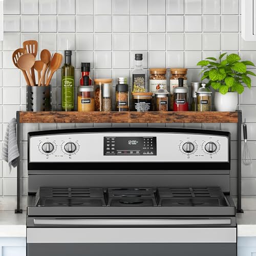 EffiJoy Spice Rack Shelf for 30-inch Kitchen Stove, Over the Stove Shelf with 4 Level Adjustable Height, Over Stove Spice Rack with 4 Hooks, Rustic Brown + Black