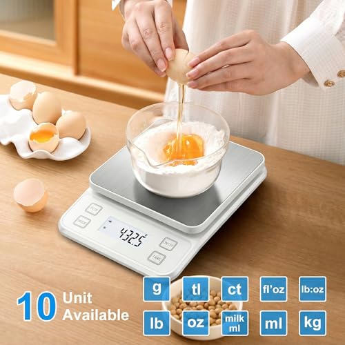 22lb Rechargeable Stainless Steel Scale, Diyife Large Kitchen Food Scale with 0.1g/0.001oz High Precision, LCD Display, 10 Unit, Waterproof IPX67, Washable, Hangable, for Baking, Cooking, White