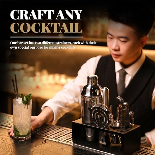 Mixology Bartender Kit with Stand - 15 Piece Bar Tool Set, Silver Bar Set Cocktail Shaker Set for Drink Mixing - Includes Martini Shaker, Jigger, Strainer, Bar Mixer Spoon, Tongs, Opener | Gift Idea
