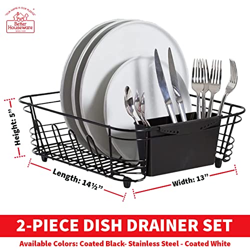 Better Houseware in-Sink Dish Drying Rack, Coated Steel, Black, 14.5 x 13 x 5 Inch, 2-Piece Set with Removable Utensil Caddy and Non-Slip Handles