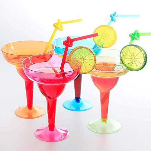 36 Pcs Neon Plastic Margarita Glasses Bulk - 12oz Disposable Plastic Cocktail Cups for Mexican Fiesta Party Decorations, Cinco de Mayo, Carnivals - 4 Assorted Colors (Green, Blue, Pink, Orange)