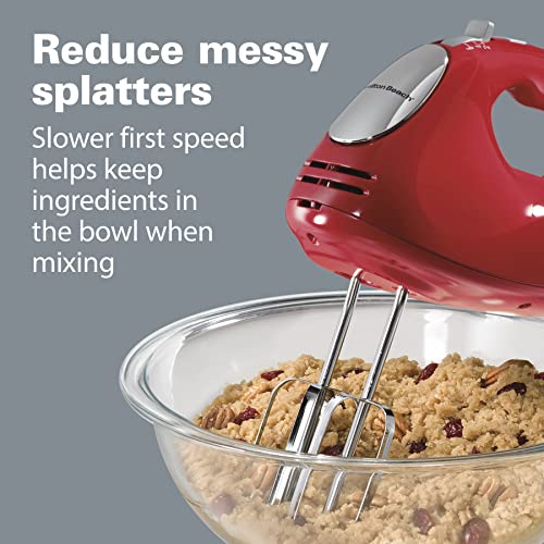 Hamilton Beach 6-Speed Electric Hand Mixer with Whisk, Traditional Beaters, Dough Hooks, Snap-On Storage Case, 275 Watts, Red
