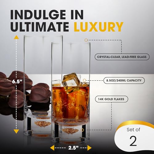 BERKWARE Luxurious Highball Glasses - Elegant Cocktail Glasses & Tom Collins Glasses with Gold Flake Design, 8.5oz (Set of 2)