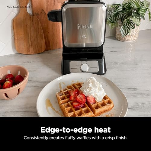 Ninja Belgian Waffle Maker Pro | Vertical Design | 5 Shade Settings with Precision-Pour Cup & Chef-curated Recipe Guide | Black & Silver | BW1001