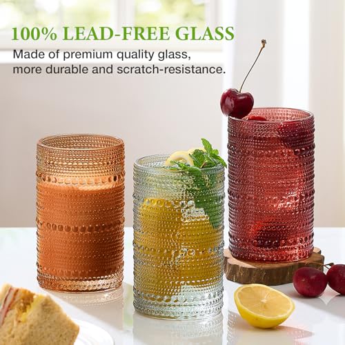 Mfacoy Colored Hobnail Drinking Glasses Set of 6, 12oz Vintage Kitchen Glassware, Embossed Beaded Glass Cups, Water Glasses, Beaded Colorful Water Tumbler for Cocktail, Juice and Various Mixed Drinks