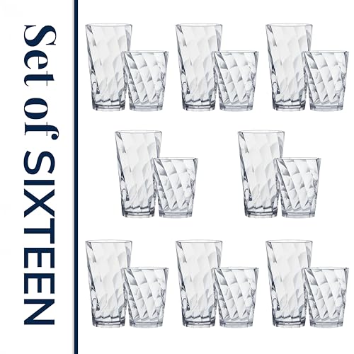 US Acrylic Optix Plastic Reusable Drinking Glasses (Set of 16) 14oz Rocks & 20oz Water Cups in Clear | BPA-Free Tumblers, Made in USA | Top-Rack Dishwasher Safe