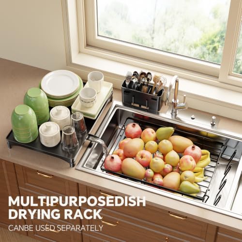 Simple Trending Dish Drying Rack for Kitchen Counter, Stainless Steel Dish Rack, Large Dish Drainer Organizer with Cutlery Holder & Cup Holders, Black