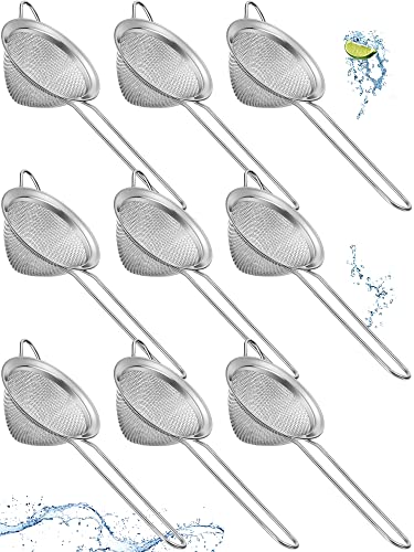 Epakh 9 Packs Stainless Steel Small Strainer, Fine Mesh Steel Cone Shaped Cocktail Strainer for Juice, Tea Herbs, Coffee Drinks, Long Handle Coffee Food, 3.2 Inches Silver