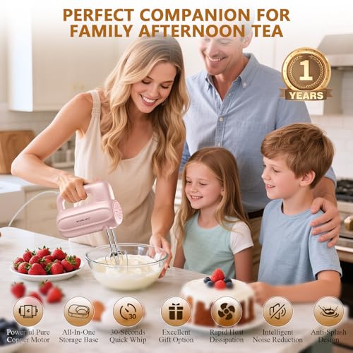 BAIGELONG Hand Electric Mixer, 5-Speed KitchenMixer with 5 * 304 Stainless Steel Attachments + Storage Base, Food Handheld Mixer for Baking, Whipping Cream, Cake Mixing, Pink