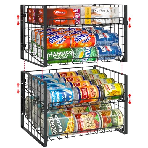 JKsmart 2-Tier Stackable Can Rack Organizer for Pantry, Adjustable Can Dispenser Holds Up to 60 Cans, Can Storage Holder for Various Ounces of Canned Food Soda Drinks, Black, 2 Pack
