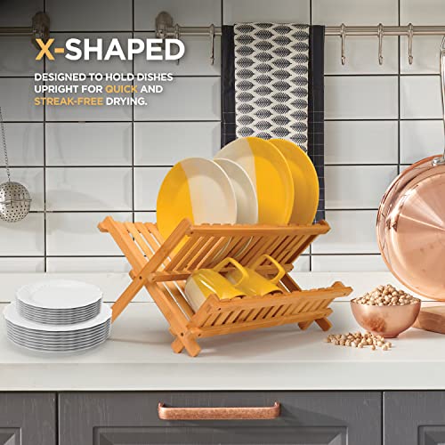 Collapsible Dish Drying Rack 2-Tier Bamboo Dish Drainer for Kitchen Counter