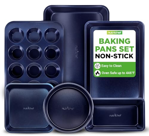 NutriChef 6-Piece Nonstick Baking Pans - Carbon Steel Non toxic Bakeware set with Cookie Sheets, Muffin, Loaf, Round & Square Pan - Restaurant Quality Baking Tray, Easy Clean, Dishwasher & Oven Safe