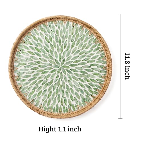 Aayoruro Round Rattan Tray with Mother of Pearl Inlay, Decorative Wicker Serving Tray with Wooden Base, Woven Basket Trays for Bread Fruits Coffee, Leaf