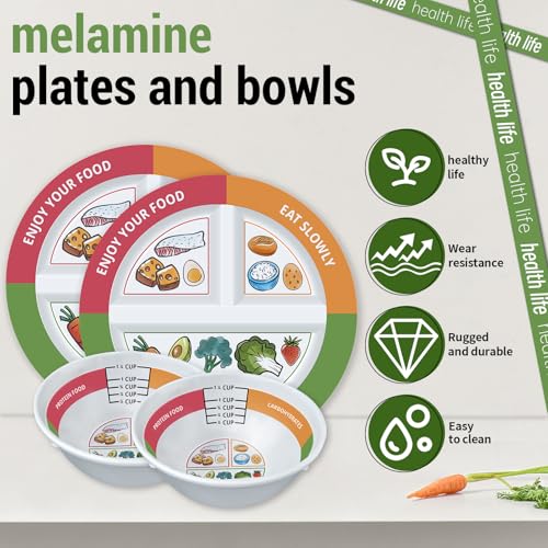 VIYNRAN 4 Pcs Portion Control Plates & Bowls Set (9 Inch), Self-Measuring for Weight Loss, Gastric Bypass, LapBand, Diabetes, & Healthy Diets, Divided Nutrition Plates for Adults & Children