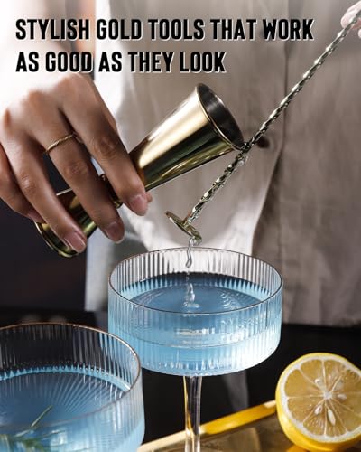 Glass Cocktail Shaker Set with Built-in Strainer – 16oz Ribbed Glass Shaker, Gold Jigger & Bar Spoon with Muddler, Bar Kit for Home Bar, Margaritas, Martinis, Gifts for Men & Women