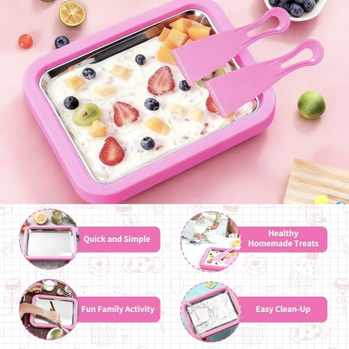 KeyDoors Rolled Ice Cream Maker with 2 Scrapers, Food Grade Stainless Steel Tray for Frozen Yogurt & Slushie, Homemade DIY for Parent-Child Family Activities, Ideal Birthday Gift (Pink)