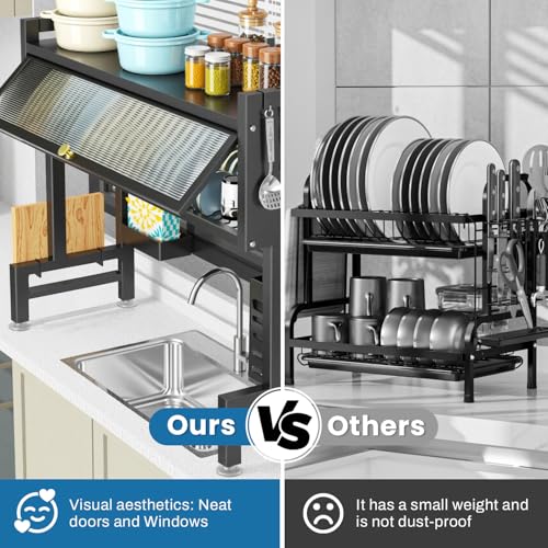 XDTIME Over the Sink Dish Drying Rack – 3 Tier with Cover, Space-Saving Dish Drainer Organizer for Dishes, Glasses, Bowls & Cutlery, Tidy Kitchen Counter Storage Solution