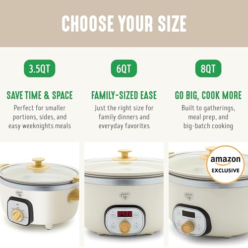 GreenLife 8QT Slow Cooker, Non-Toxic PFAS-Free Ceramic Nonstick Removable Interior Bowl, Programmable, Family Friendly, Keep Warm, Stovetop & Oven Safe, Dishwasher Safe Crock, Timer, Glass Lid, Cream