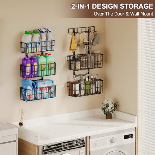Hongtamoya Adjustable Over the Door Organizer, Metal Hanging Door Organizer with 5 Wire Basket 7 Hooks, Wall Mounted Shelf for Pantry Laundry Organization and Storage, Black