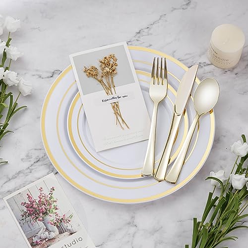 BESTVIP 600PCS Gold Dinnerware Set for 100 Guests, Plastic Plates for Party, 100 Gold Disposable Plates, 100 Dessert Plates, 100 Cups, 100 Spoons, 100 Forks and 100 Knives