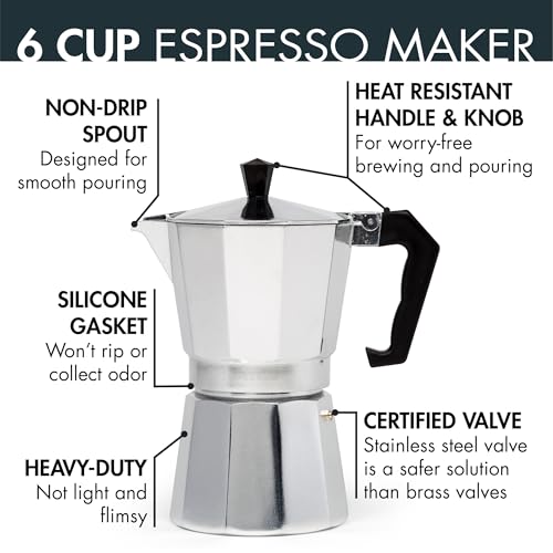 Primula Classic Stovetop Espresso and Coffee Maker, Moka Pot for Italian and Cuban Café Brewing, Greca Coffee Maker, Cafeteras, 6 Espresso Cups, Silver