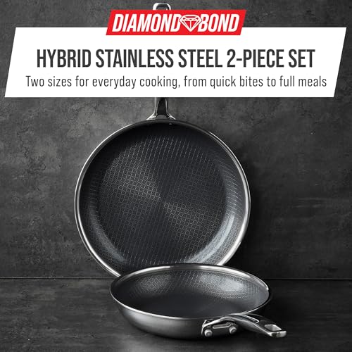 Blue Diamond Hybrid Nonstick Stainless Steel 8” & 10” Frying Pan Skillet Set, PFAS-Free Ceramic Diamond Bond Searing, Egg & Omelet Pan, Dishwasher Safe, Stay-Cool Handle, Induction Ready, All Cooktops
