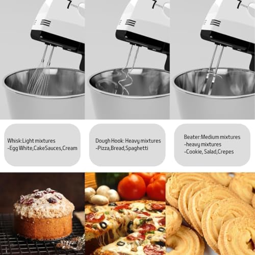 Stand Mixers, 7 Speeds With 3QT Stainless Steel Bowl, Stand and Hand Mixer with Dough Hook, Whisk, Mixing Beater for Baking, Cake, Cookie, Kneading (BU1)
