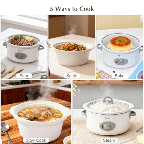 3.5 Quart Slow Cooker with 3 Heat Settings, Non-Stick and Dishwasher Safe, Removable Ceramic Pot Tempered Glass Lid, Cool Touch Handles for Entrees, Soups, Stews, Ivory White