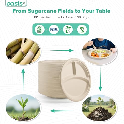 OasisSN 𝟭𝟬 𝗶𝗻𝗰𝗵, 𝟭𝟮𝟴-𝗣𝗮𝗰𝗸 3-Compartment Disposable Paper Plates, Compostable Heavy-Duty Divided Plates for Meal Prep, School Lunches & Party Buffets (Natural)