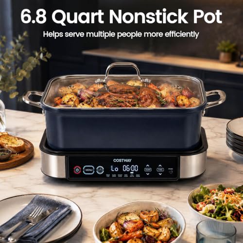 COSTWAY 6-in-1 Programmable Slow Cooker with Sous Vide, 6.8 Quart, Steam, Fry, Rice & Keep Warm Functions, Adjustable Timer & Temp Control, Nonstick Removable Pot, Dishwasher Safe Parts