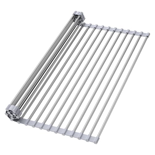 Yohslqo Roll Up Dish Drying Rack for Sink, Over Sink Dish Rack 17 x 15.7 Inch, Silicone Stainless Steel Dish Drainer for Kitchen Counter, BPA Free Utensil Drying Rack, Gray