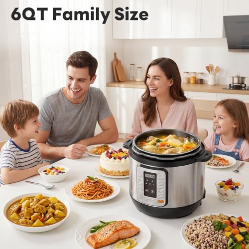 DUMOS 16-in-1 Electric Pressure Cooker, 6QT Programmable Multi Cooker with 12 One-Touch Presets, Soup Steam Yogurt and More, Ceramic Inner Pot Delay Start & Keep Warm, Includes Recipe Guide, Silver