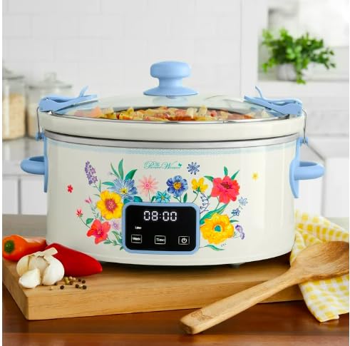 Pioneer Woman Stunning 6-Quart Programmable Portable Slow Cooker with Touchscreen, Locking Lid, Durable Stoneware- Floral