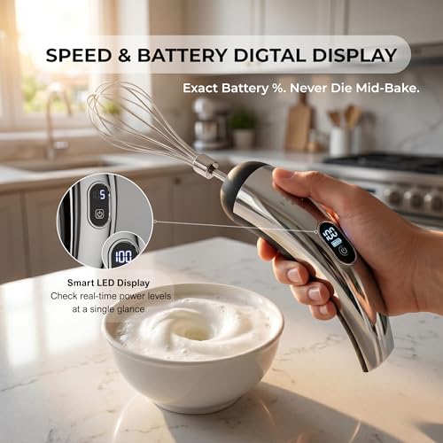 Wynboop Mini Cordless Hand Mixer, 5-Speed Electric Whisk with Digital Display, USB-C Rechargeable & Silent, Portable for Drinks, Breakfast & Baking(Black)