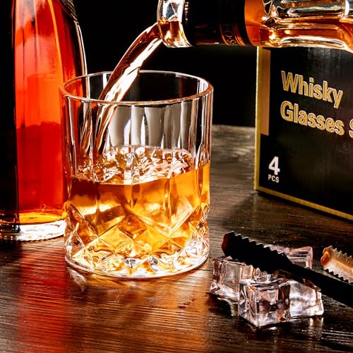 GLASKEY Whiskey Glasses Set of 4,Rock Glasses,11 oz Lead-Free Crystal Bourbon Glass,Old Fashioned Glass for Bourbon,Cognac,Irish Whisky,Personalised Whisky Glass Gift Set for Men,Dad,Brother