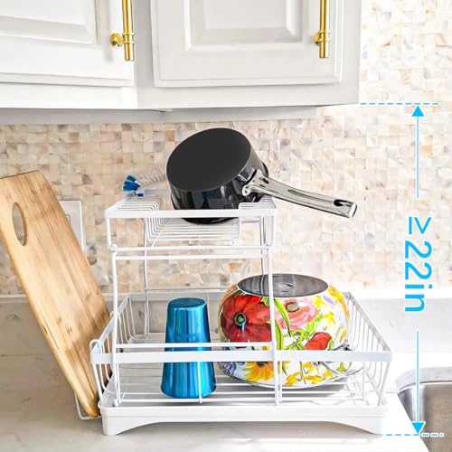 7 code Large Dish Drying Rack, 2-Tier Dish Racks for Kitchen Counter, Detachable Large Capacity Dish Drainer Organizer with Utensil Holder, Dish Drying Rack with Drain Board, White
