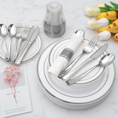 Goodluck 175 Piece Silver Plastic Dinnerware Set for 25 Guests, Fancy Disposable Plates for Party, Include: 25 Dinner Plates, 25 Dessert Plates, 25 Pre Rolled Napkins with Silver Silverware, 25 Cups