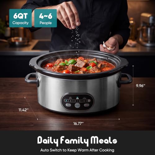 OLIXIS Slow Cooker 6 Quart, Ceramic Nonstick Coating, Programmable Slow Cooker with Dishwasher Stoneware Pot and Tempered Glass Lid, Multi Cookers with 3 Temperature, 35in Tangle Free Cord, Silver