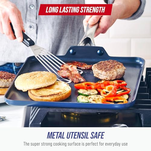 Blue Diamond 11" Nonstick Square Griddle Pan, Non Toxic PFAS-Free Diamond Ceramic, Dishwasher & Oven Safe, Even Heating, Metal Utensil Safe, Warp Control, Blue