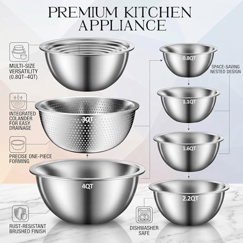 DUTZUN Heavy-Duty Stainless Steel Mixing Bowls Set of 5 plus 3QT Colander, Nesting Kitchen Metal Bowl for Baking Prep Salads Serving Cooking, Dishwasher Safe — 4.0 to 0.8 QT