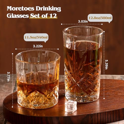 Moretoes Crystal Whisky Drinking Glasses Set of 12, Glass Cups, Mixed Glassware Set, 12 Oz Highball Glasses & 11 Oz Old Fashioned Glasses, Great for Cocktail and Other Beverages