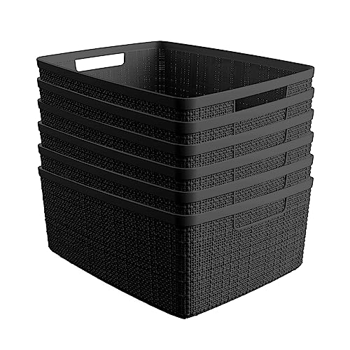 Curver Set of 6 Medium 12L Jute Decorative Plastic Organization and Storage Baskets - Perfect Bins for Home Office, Closet Shelves, Kitchen Pantry and All Bedroom Essentials, Black