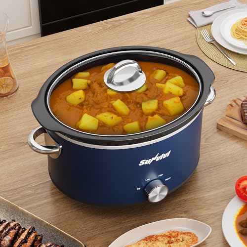 Sunvivi 4 Quart Slow Cooker & Mini Food Warmer with 3 Heating Settings, Removable Ceramic Pot, Dishwasher Safe Glass Lid, Stainless Steel, Blue
