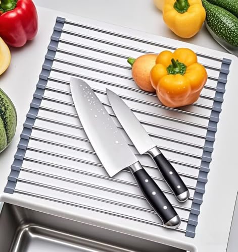 D DrNeeko Roll Up Dish Drying Rack, Stainless Steel and Silicone Dish Drying Mat Over The Sink Foldable Drain Rack Multipurpose Dish Drainer for Kitchen, 14.5” x 14”, Gray