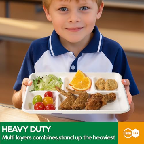 Turbo Bee Disposable 5 Compartment Plates, 100Pack Bagasse Divided Paper Trays, Heavy Duty Serving Plates for School Lunch, Meal Prep, Picnic and Buffet