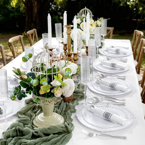 Joyido 400PCS Pre Rolled Silver Plastic Silverware Sets - Heavy Duty Silver Cutlery - Include 100 Pack Wrapped Disposable Utensils with Napkins for Parties & Dinners & Weddings