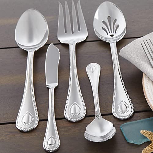 Lenox Silverware Set For 12, French Perle 65-Piece Flatware Set with Serving Utensils, Service For 12, Elegant 18/10 Stainless Steel Utensils with Beading, Knives Spoons & Forks (Silver, 65 Piece)