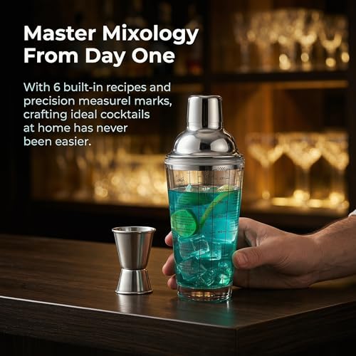 Ailelan Glass Cocktail Shaker with Strainer, 14oz Martini Shaker with 6 Recipes On Side, Clear Drink Shaker Bottle with Measurements, Bar Shakers Set Bartender Kit for Mixing Cocktail, Margarita